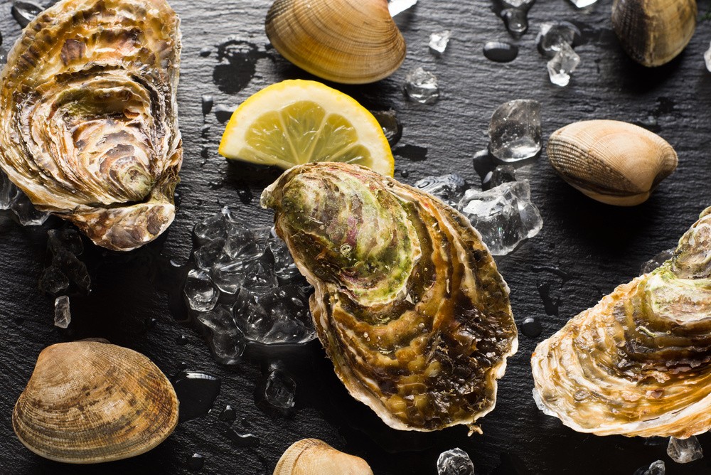 fresh chilled raw oysters on ice with lemon wedge