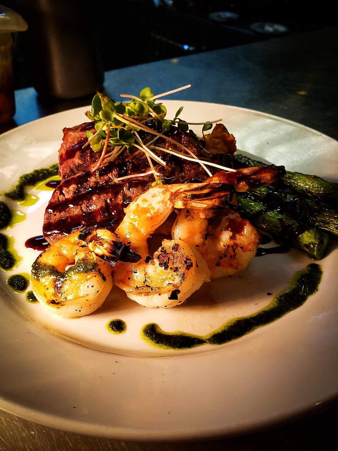 strip loin and prawns